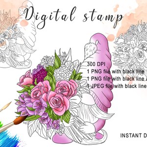 Flower Gnome Cute Digital Stamp Black Line PNG Clipart Digi Stamps Pre-Coloured Card Making Printable Lineart Coloring Page Scrapbooking