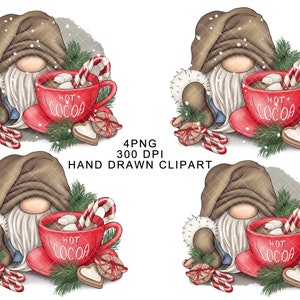 May include: Four digital illustrations of gnomes holding mugs of hot chocolate with marshmallows. Each gnome is wearing a brown hat and has a white beard. The mugs are red with white lettering that says "Hot Cocoa".