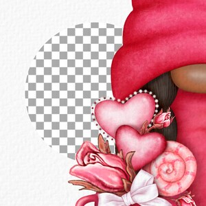 May include: A pink and white heart-shaped design with a pink rose and a swirl candy. The design is on a white background with a checkered circle.