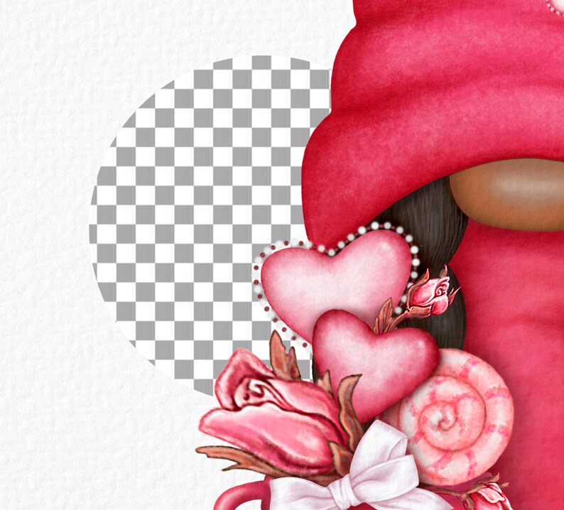 May include: A pink and white heart-shaped design with a pink rose and a swirl candy. The design is on a white background with a checkered circle.