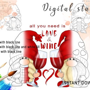 Wine Gnomes Digital Stamp PNG Black Line Cute Clipart Digi Stamps Pre-Coloured Card Making Printable Lineart Coloring Page Scrapbooking