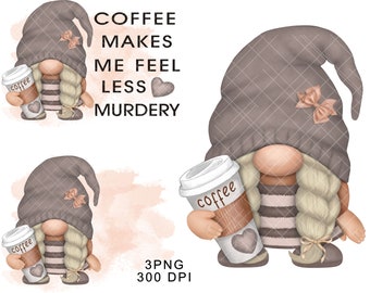 Watercolor Gnome PNG Clipart Coffee Gnome Cute Gonk Image Coffee Decal Tumbler Sublimation Digital Download Waterslide Bundle Graphics Girl