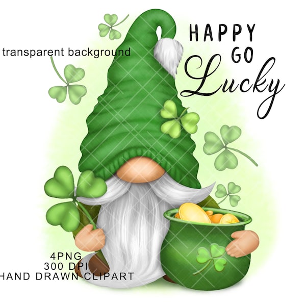 St Patricks Day Gnome PNG Clipart Shamrock Horseshoe Watercolor Hand Drawn Graphics Cute Gonk Sublimation Waterslide Tumbler Lucky Mug