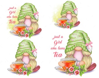 Watercolor Gnome PNG Clipart Tea Lovers Gift Ideas Cute Gonk Tumbler Sublimation Digital Download Waterslide Mug Graphics Girl Decal drink