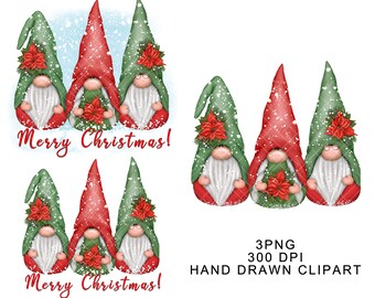 Christmas Gnomes PNG Clipart Sublimation Gonks Digital Watercolor Nordic Winter Merry Christmas Stickers Designs Tumbler Graphics Waterslide