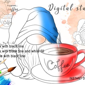 Black Line Coffee Gnome Cute Digital Stamp  PNG Clipart Digi Stamps Pre-Coloured Card Making Printable Lineart Coloring Page Scrapbooking