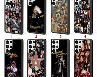 May include: Eight black smartphone cases featuring various photographic collages and individual portraits of Michael Jackson. Each case displays distinct imagery, including performance shots, the Hollywood Walk of Fame star, and the artist's signature.