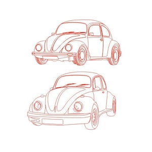 Op de afbeelding: Twee rode lijntekeningen van een klassieke auto, een Volkswagen Kever, worden getoond. De bovenste auto wordt van voren bekeken, terwijl de onderste auto in een iets lagere hoek staat. De auto's hebben afgeronde vormen en duidelijke kenmerken.