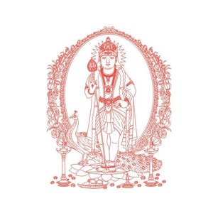 Murugan Sami, Ilustración de dibujo de líneas vectoriales, AI, Cdr, Dxf, eps, archivos vectoriales pdf para grabado láser, Muruga, Kumara, Kartikeya, Skanda