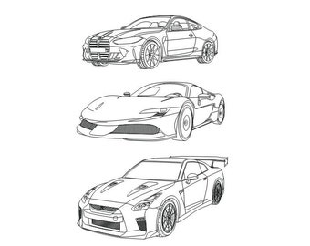 Auto sportive, Illustrazione di disegni al tratto vettoriale, AI, Cdr, Dxf, eps, file vettoriali pdf per incisione laser, Digital Vector, 3 auto sportive, Corse