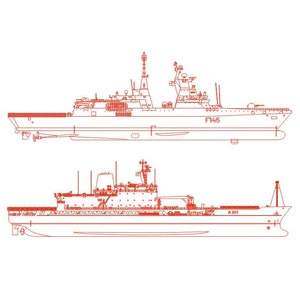 2 Ships, Vector line drawing illustration, AI, Cdr, Dxf, eps, pdf vector files for laser engraving, Ships Digital, Ship drawing, Navy ship