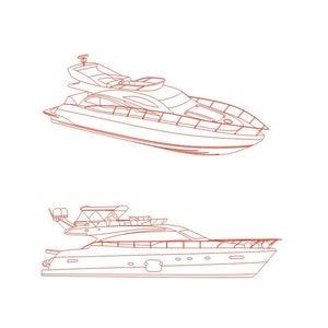 Yate, ilustración de dibujo lineal vectorial, archivos vectoriales AI, Cdr, Dxf, eps, pdf para grabado láser, 2 yates vectoriales, lanchas rápidas digitales
