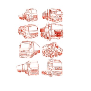 Trucks, Vector line drawing illustration, AI, Cdr, Dxf, eps, pdf vector files for laser engraving, 8 Trucks, Digital Truck, Vector Truck