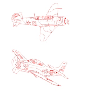 Avión de combate militar antiguo, aviones, ilustración de dibujo de línea vectorial, archivos vectoriales AI, Cdr, Dxf, eps, pdf para grabado láser, dos aviones