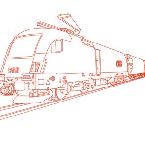 May include: A red line drawing of a train with multiple cars. The train is labeled "ÖBB" on the side of the engine.