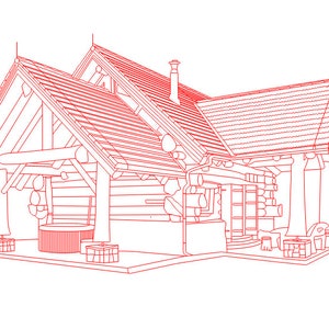 Cabaña de troncos, ilustración de dibujo lineal vectorial, archivos vectoriales AI, CDR, DXF, eps, pdf para grabado láser, cabaña, choza, cabaña, refugio, choza