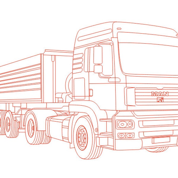 Truck line drawing illustration, AI, CDR, DXF, eps, pdf vector files, Digital Truck, Trailer truck, Lkw, Truck trailer silhouette, Big truck