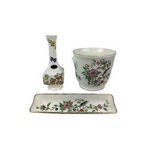 Vintage China Matching Set Floral Chinoiserie Vase Housewarming Gift Cottagecore Butterfly Design Bowl Authentic Aynsley Fine Bone China Set