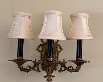 Vintage Brass Wall Sconce Pair, Three-Arm Candle Light, Antique Lighting