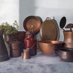 Vintage Rustic Decorative Copper Cookware and Serving Vessels