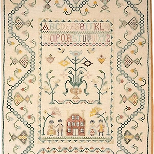 以下が含まれることがあります： クリーム色の背景に額装された、ヴィンテージのクロスステッチのサンプル。 サンプルには、アルファベット、花のモチーフ、家、そして「1966」年が描かれています。 縁と詳細は緑、赤、黄色、茶色です。