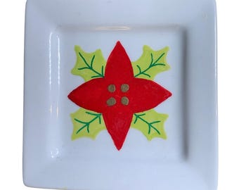 Hand Painted Ceramic Trinket Dish 4" Square Red/Green Christmas Poinsettia