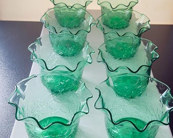 8 Vintage Green Glass Handblown Crackle Finish Ruffled Rim Bowls 3" x 4.5"