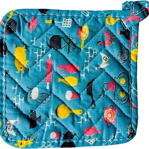 May include: A square, quilted potholder with a teal background and a repeating pattern of kitchen-themed illustrations in yellow, pink, black, and white. The potholder has a loop for hanging and is edged with teal fabric.