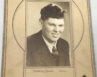 Antique Black/White Senior Photo Young Man 1938 Hawkins Studio Moline, IL