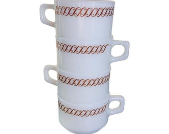 Pyrex Regency Brown Scroll Milk Glass Stackable Diner Coffee Cups Set of 4