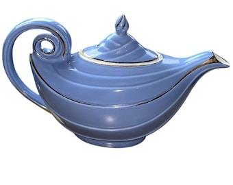 Vintage 1950s HALL Aladdin Genie-Style Teapot (0669) Periwinkle Blue Gold Gilt