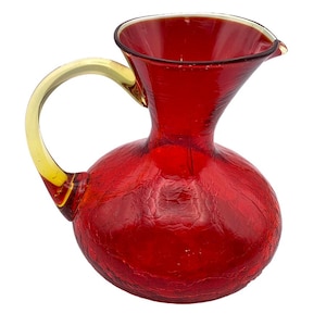 Vintage Rainbow Glass PITCHER Handblown Red Crackle Glass Yellow Handle VGC