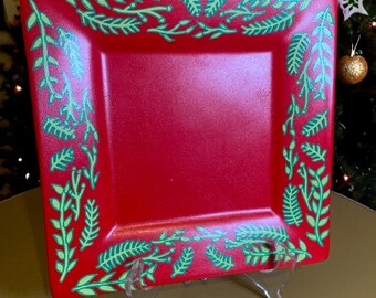 Unique Hand Painted Ceramic Trinket Dish 7-1/4" Square Red/Green Holiday Pattern
