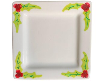Hand Painted Ceramic Trinket Dish 4" Square Red/Green Christmas Holly Poinsettia