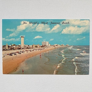 Postal vintage en color de los años 60 de Daytona Beach, la "playa más famosa del mundo", Florida