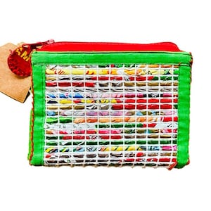 Bolsa porta-cartões com zíper multicolorida feita à mão, materiais reciclados, novo, novo