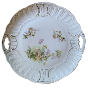 Vintage Victorian Style Floral White/Gold 10" Serving Plate with Pierced Handles and Textured Rim Good Condition