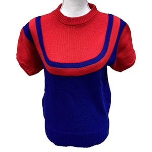 Rare Vintage Cheerleading Sweater Pepster Hall Red Blue Short Sleeve Knit Small