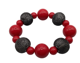 Vintage 1980s Chunky & Funky Beaded Bracelet Black Red on Elastic Band