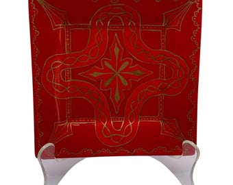 Hand Painted Ceramic Plate Dish 7-1/4" Square Red/Gold Unique Decorative Design