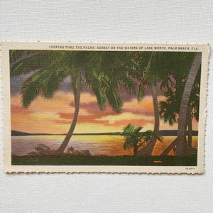 Cartão postal de linho vintage Lake Worth Sunset PALM BEACH Flórida com carimbo postal de 1934