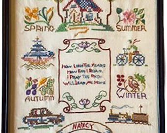 Framed 1950s Handmade Needlepoint Cross-Stitch "Lead Me Home" Framed 19"x13" Sampler