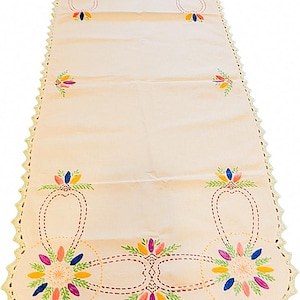 Vintage 40&quot;x17&quot; Hand-Embroidered Floral Boho Tablecloth Runner w/Crochet Trim