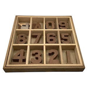 May include: A wooden box with a grid of compartments, each holding a brown wooden number from 1 to 9, plus a zero. The numbers are in a sans-serif font. The box is made of light-colored wood.