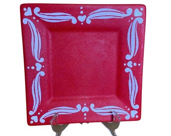Unique Hand Painted Ceramic Dish/Tray 7-1/4" Square Red/White Holiday Scroll