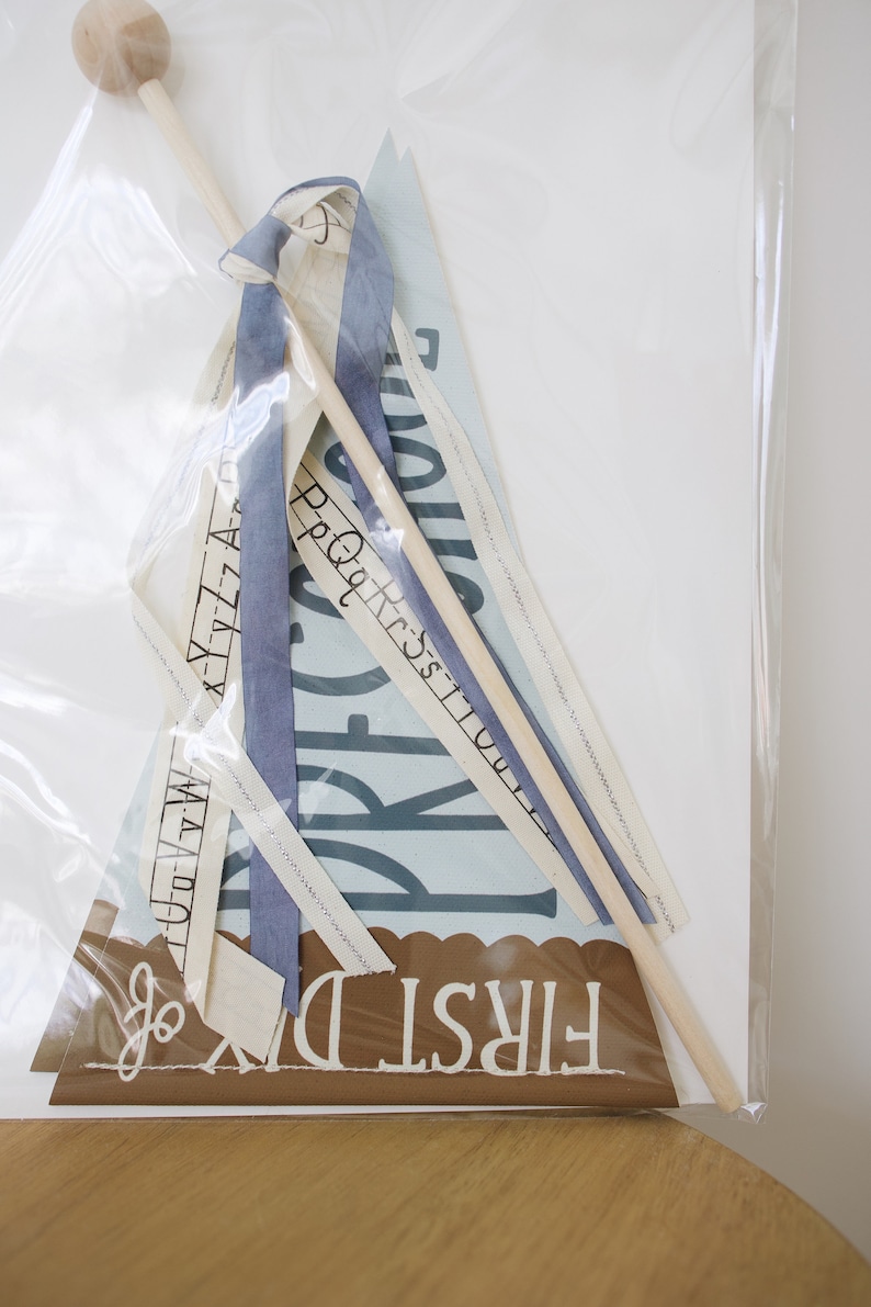 May include: A light blue and white fabric banner with the text "First Day" and a wooden stick with a blue ribbon attached. The banner is in a clear plastic bag.