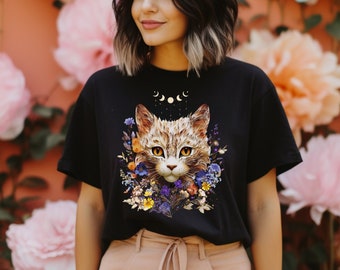 T-shirt chat Cottagecore, cadeau pour elle, cadeau chat, t-shirt animal, t-shirt chat mignon, t-shirt amoureux des chats, t-shirt fleurs sauvages, chemise fleurs séchées