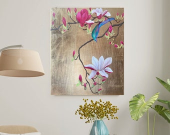 Gold Leaf Magnolia Original Painting, Birds Painting, Flower painting, Floral Wall Art, Japanese decor, Vintage decor, Chinoiserie Decor