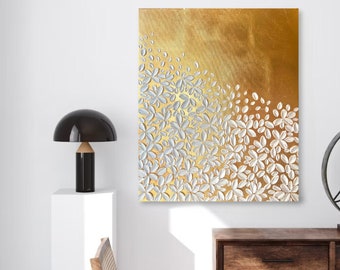 Abstract textured painting, Large wall art, Gold leaf abstract wall art, Floral original canvas painting