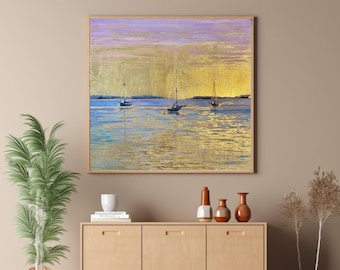 Peinture abstraite de feuille d'or, peinture de paysage marin de voilier, art mural 3d, peinture de coucher de soleil, art mural minimaliste, art mural océan, décoration murale nautique